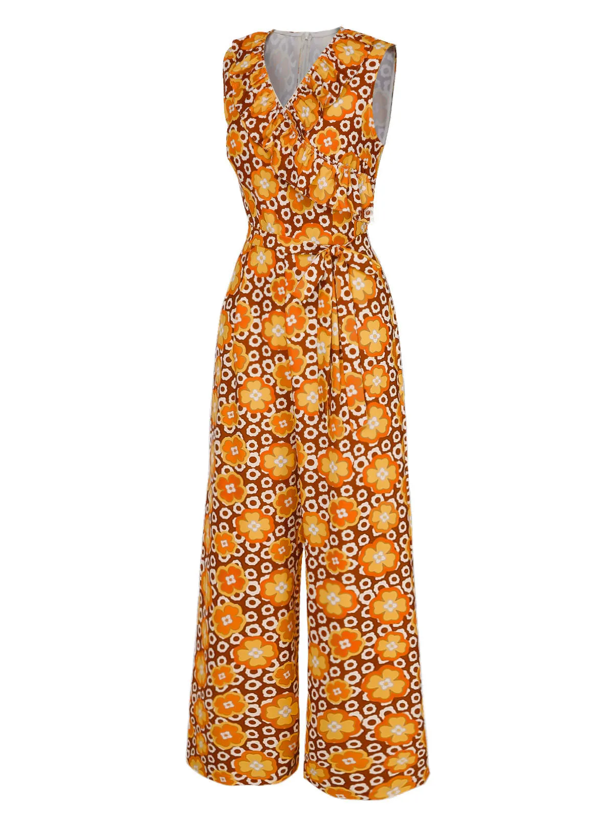 1970s V-Neck Floral Belted Sleeveless Jumpsuit