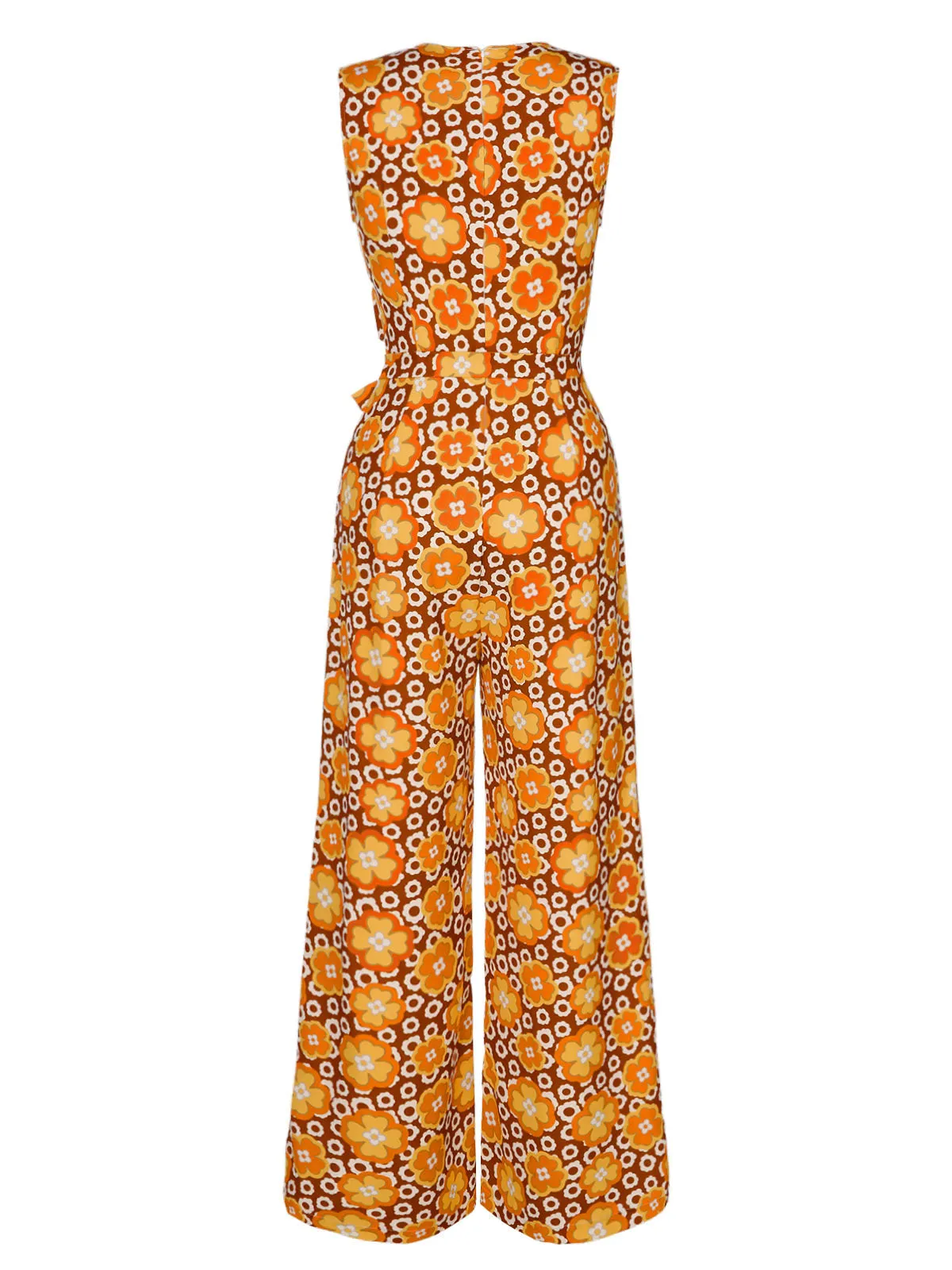 1970s V-Neck Floral Belted Sleeveless Jumpsuit