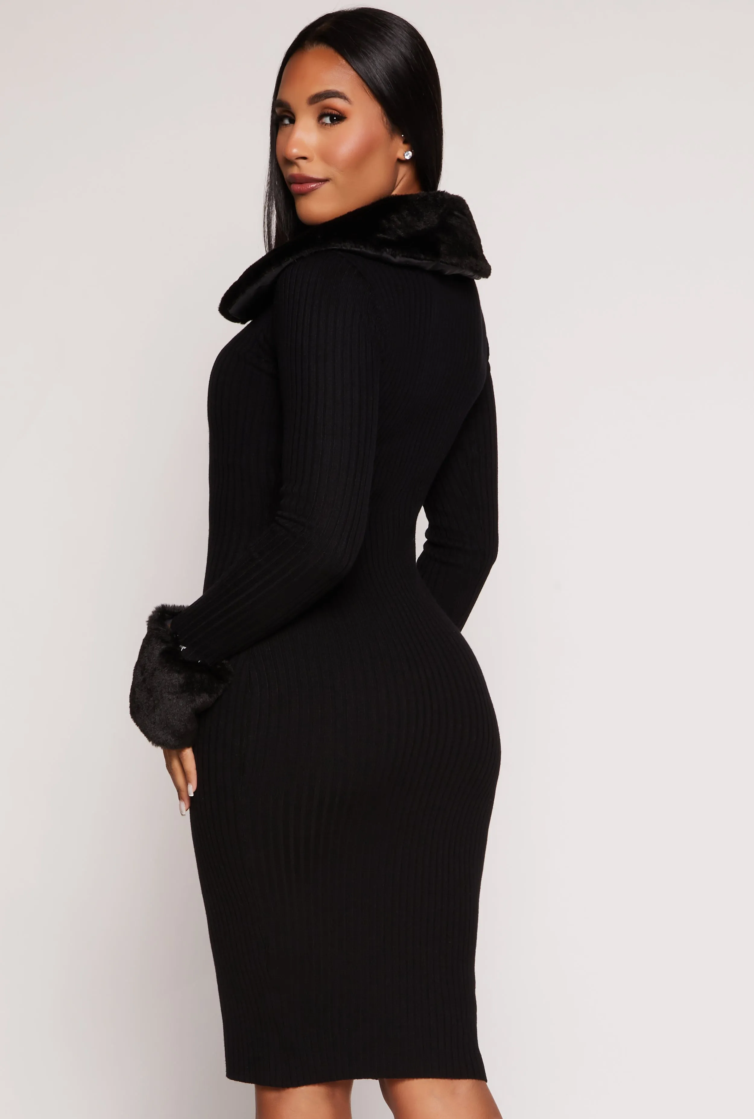 Almost Famous Faux Fur Collar Midi Dress