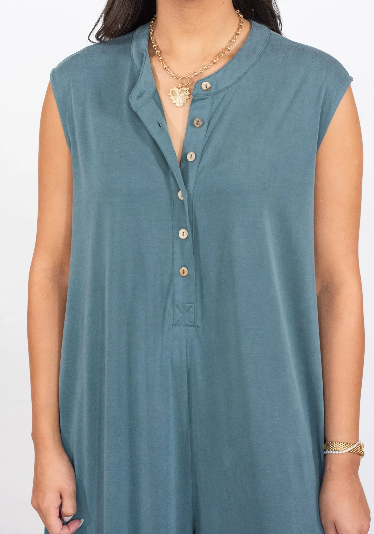 Be Present Teal Button Down Jumpsuit