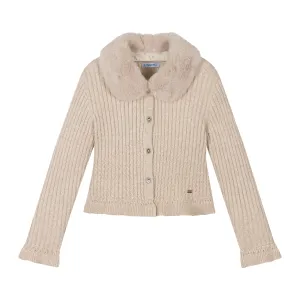 Beige Faux Fur Collar Cardigan