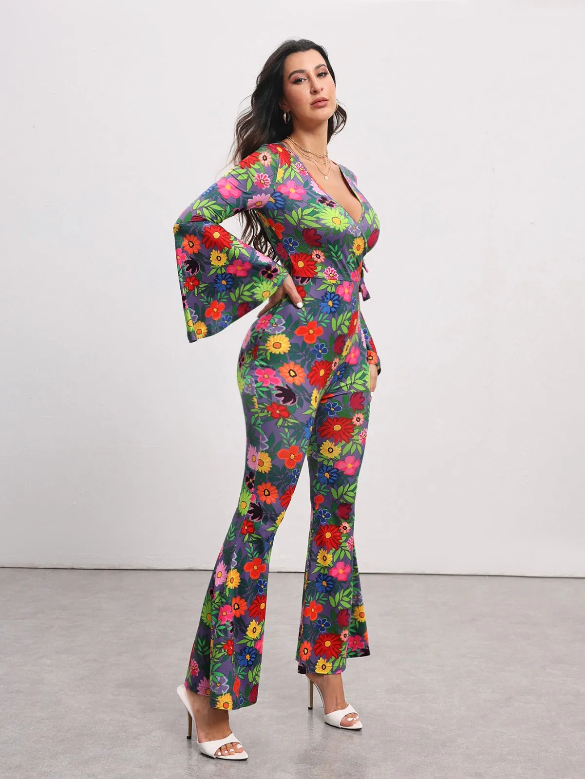 BELANGE HANDMADE X SHEIN - Floral Print Flare Leg Jumpsuit- Available on SHEIN.COM Only