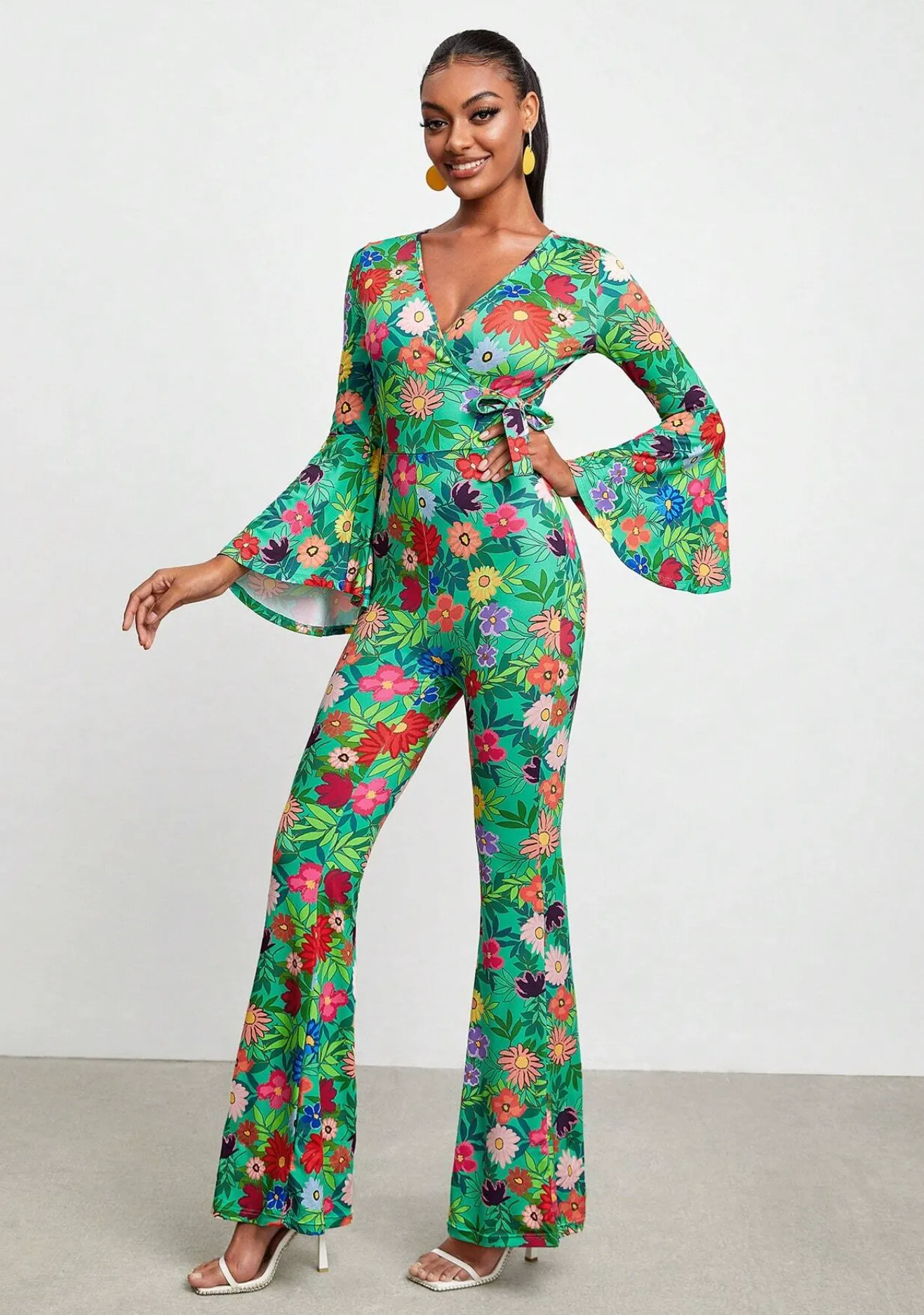 BELANGE HANDMADE X SHEIN - Floral Print Flare Leg Jumpsuit- Available on SHEIN.COM Only