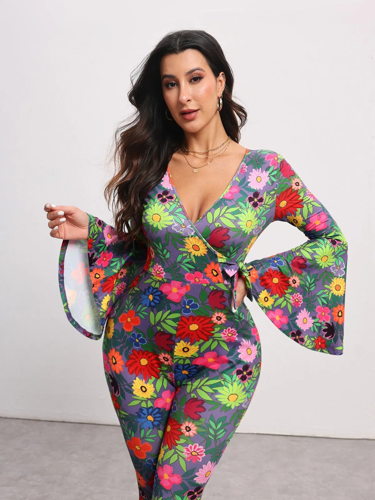 BELANGE HANDMADE X SHEIN - Floral Print Flare Leg Jumpsuit- Available on SHEIN.COM Only