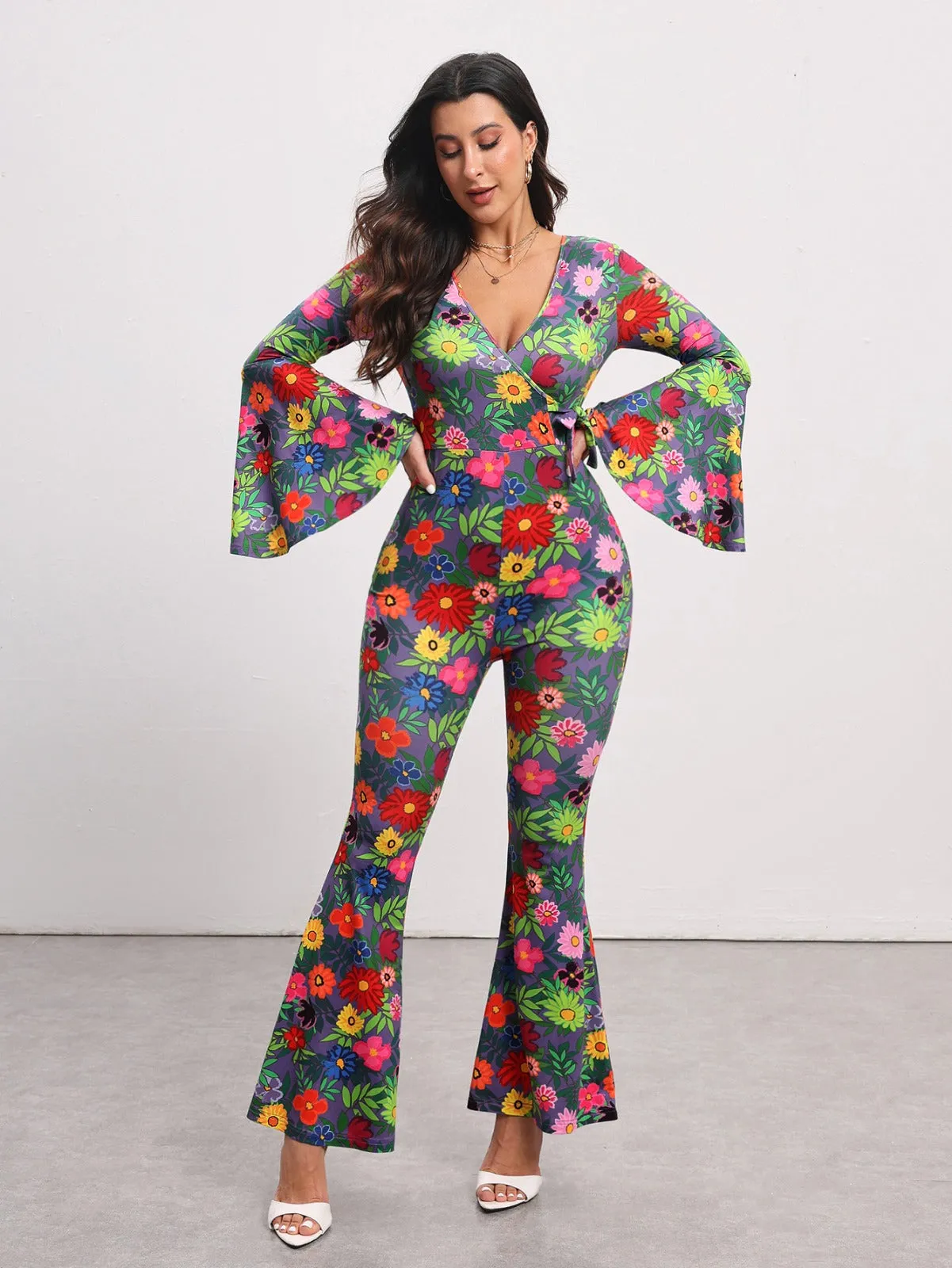 BELANGE HANDMADE X SHEIN - Floral Print Flare Leg Jumpsuit- Available on SHEIN.COM Only