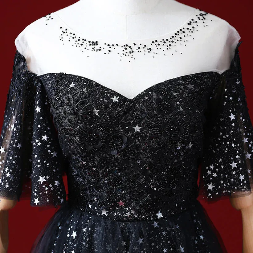 Black A-line Gradient Tulle Short Sleeves Prom Dress
