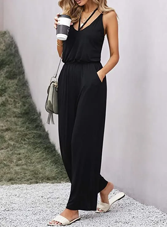 Black Be Kind Women's Casual Sleeveless Front Button Loose Jumpsuits Stretchy Long Pants Romper with Pockets - Happy Sailed