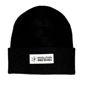 Black Cuffed Knit Beanie Leather Logo