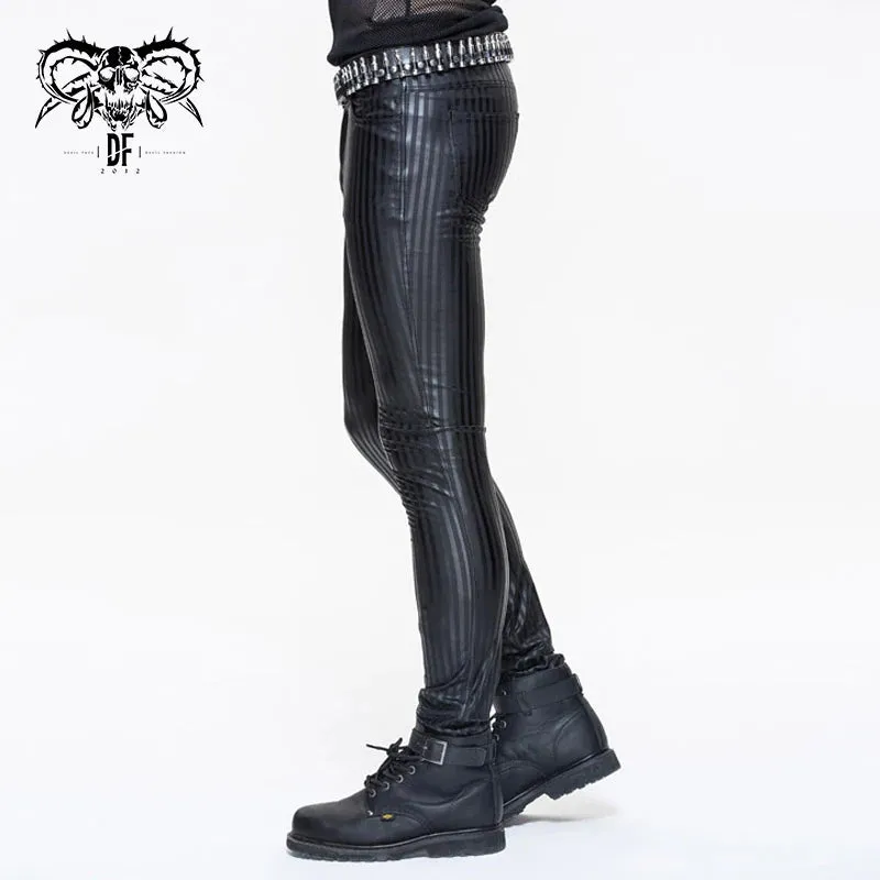 Black Elastic Vegan Leather Pants w/ Vertical Stripe Detail