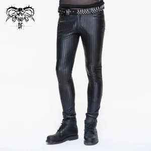 Black Elastic Vegan Leather Pants w/ Vertical Stripe Detail