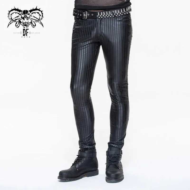 Black Elastic Vegan Leather Pants w/ Vertical Stripe Detail