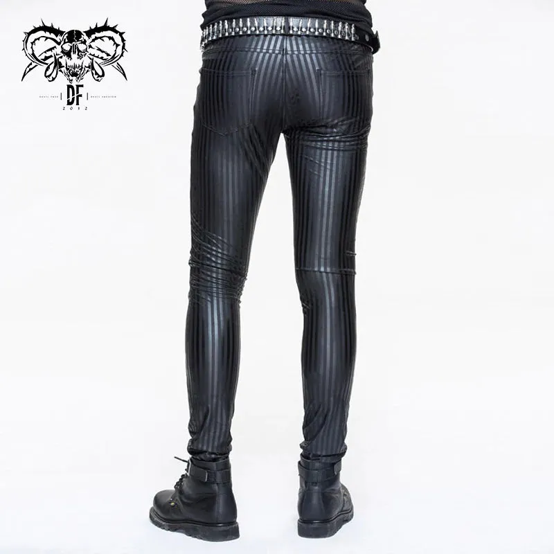 Black Elastic Vegan Leather Pants w/ Vertical Stripe Detail