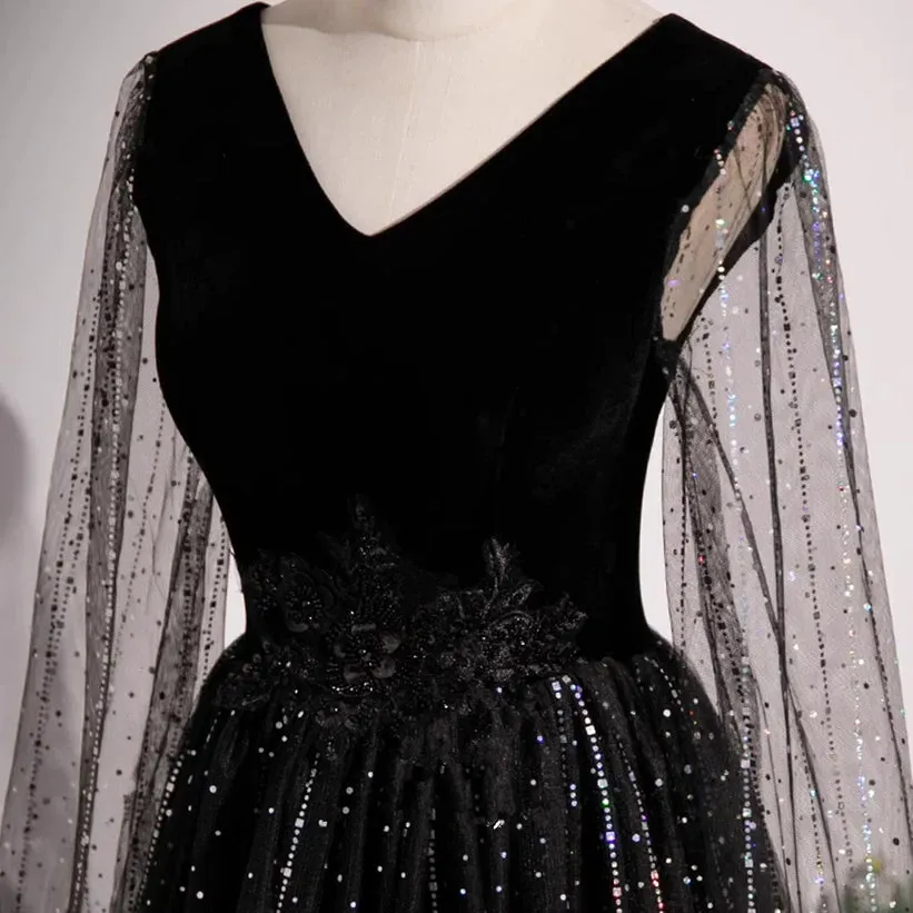 Black Shiny Tulle Gradient Tulle V-neckline Party Dress