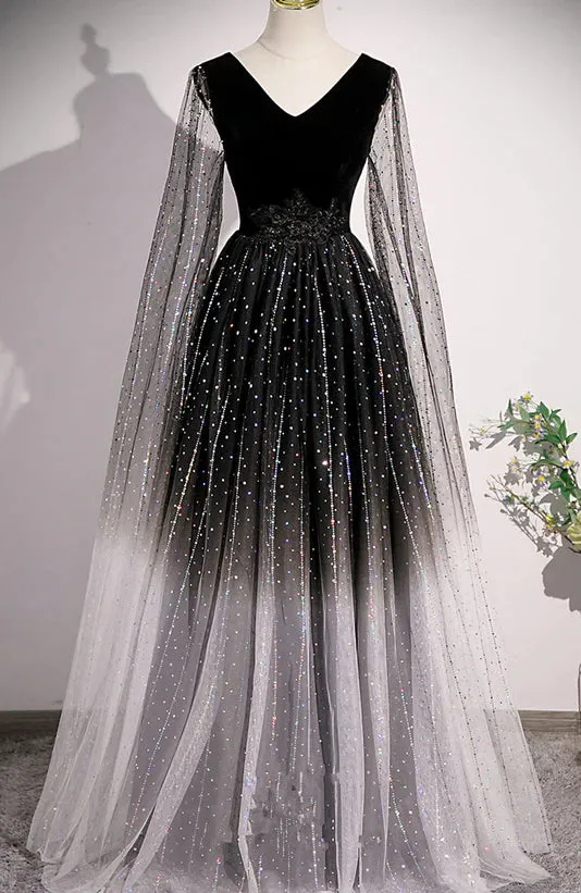 Black Shiny Tulle Gradient Tulle V-neckline Party Dress