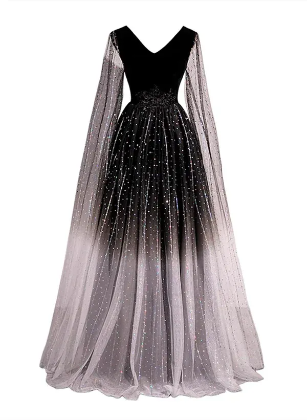 Black Shiny Tulle Gradient Tulle V-neckline Party Dress