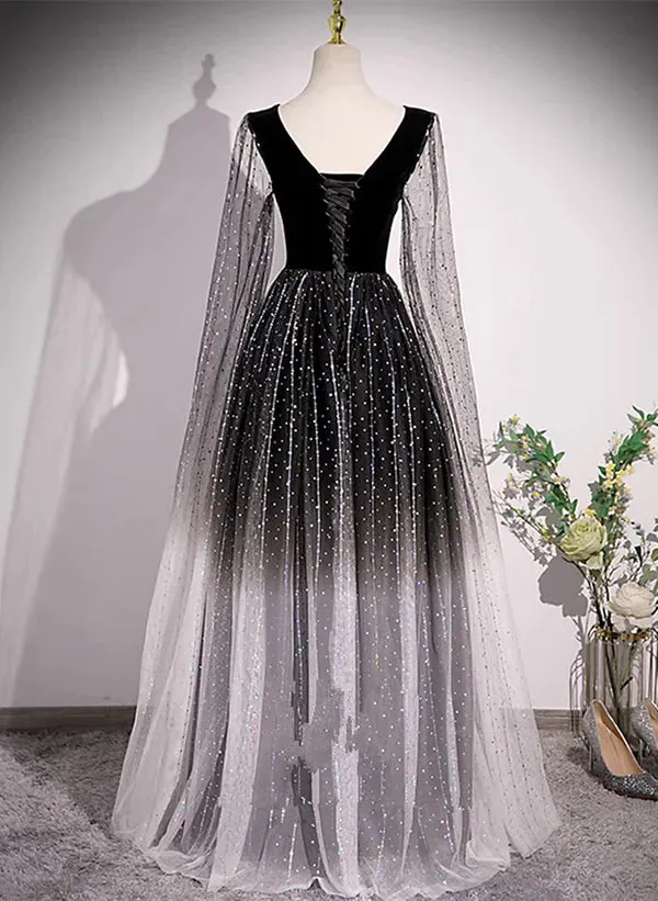 Black Shiny Tulle Gradient Tulle V-neckline Party Dress