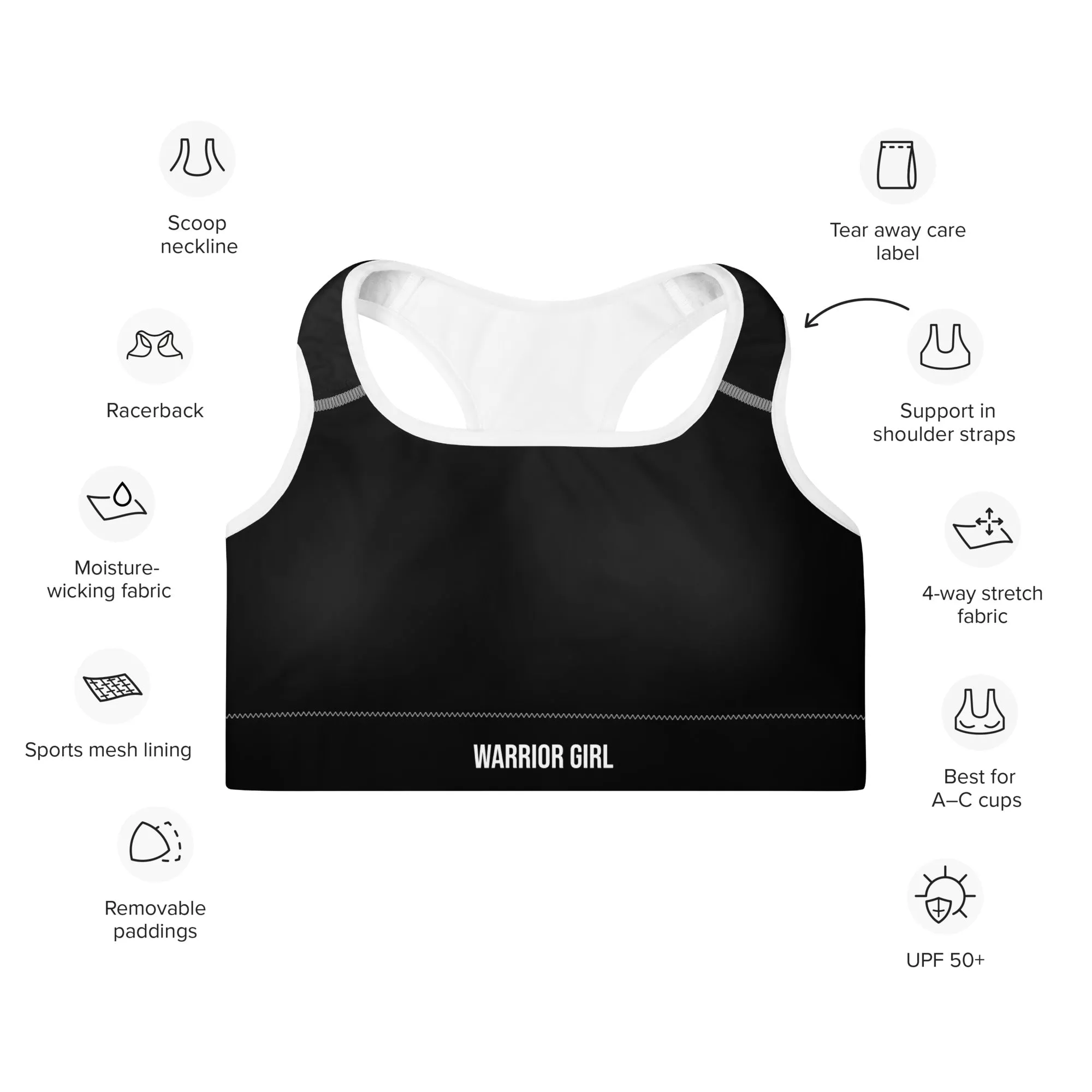 Black w/White Warrior Sports Bra