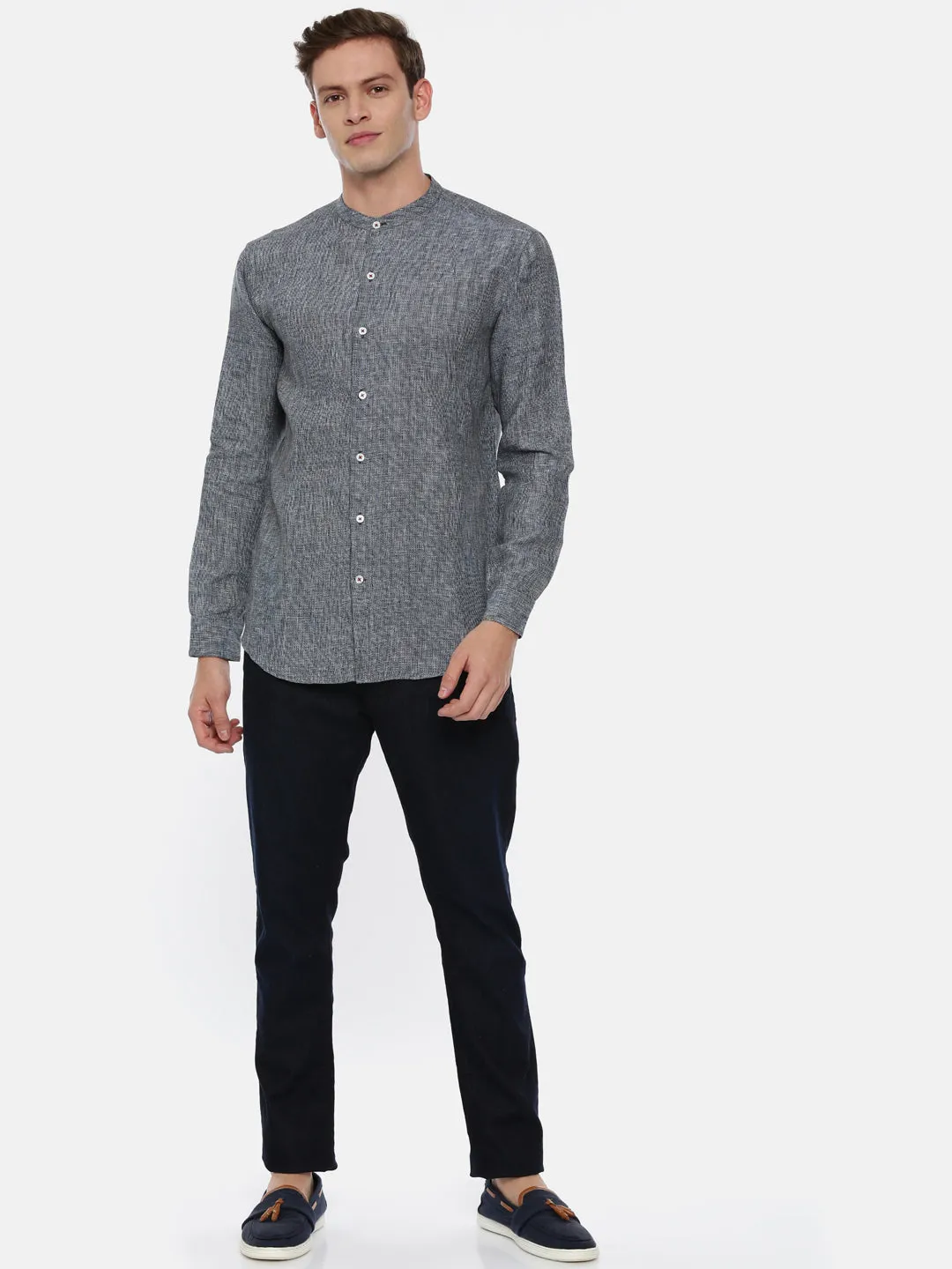 Blue Linen Classic Chinese Collar Shirt - MM0741
