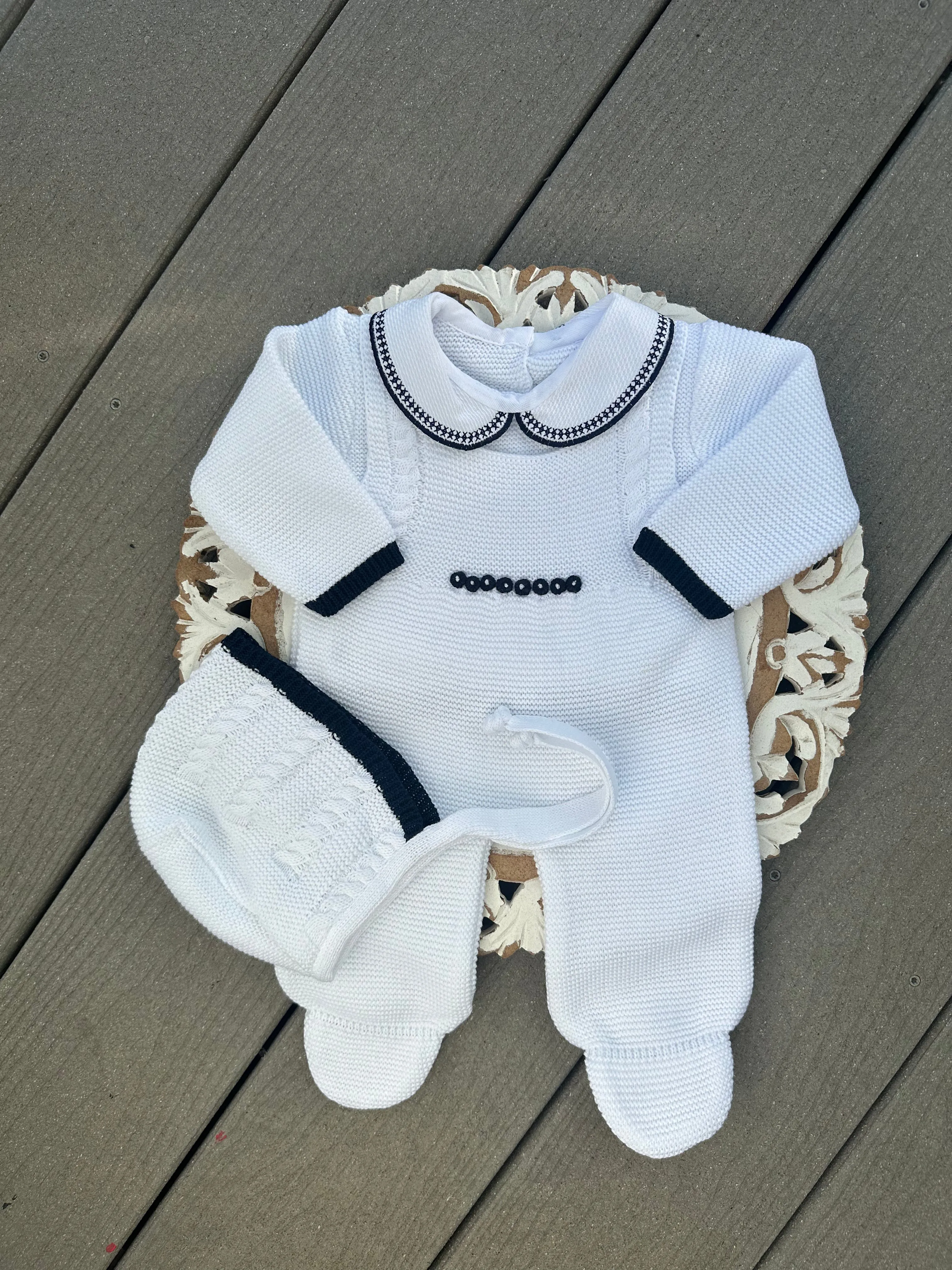 Cable Knit Suspenders Style With Ruffle Collar Baby Knitted Romper in White and Navy Blue