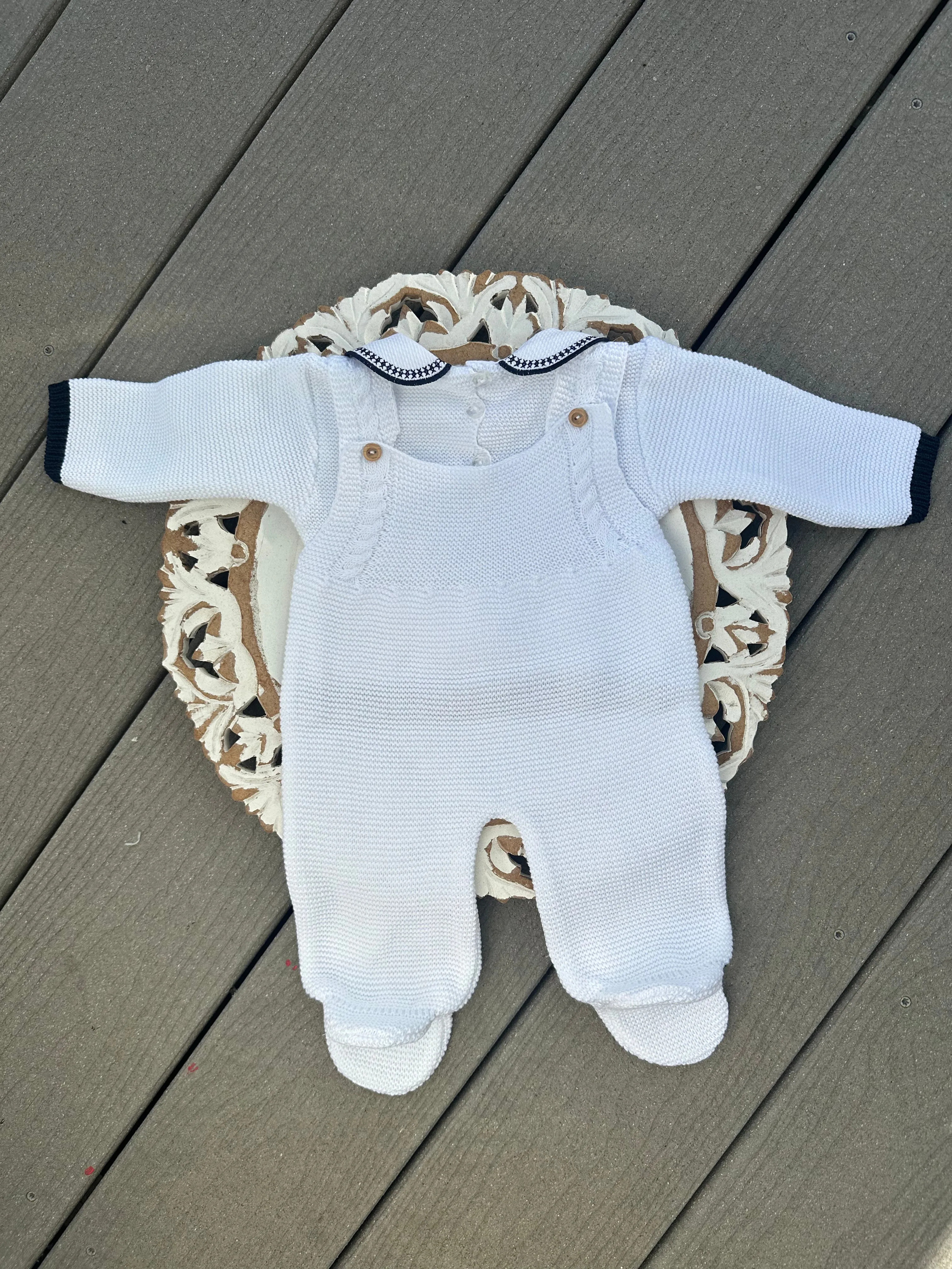 Cable Knit Suspenders Style With Ruffle Collar Baby Knitted Romper in White and Navy Blue