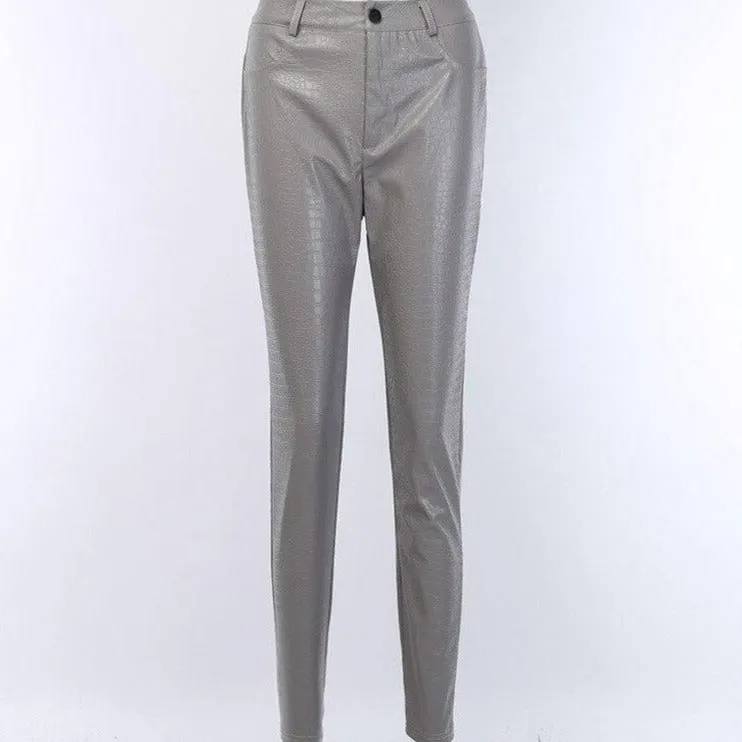 Carving Print Faux Leather Pants