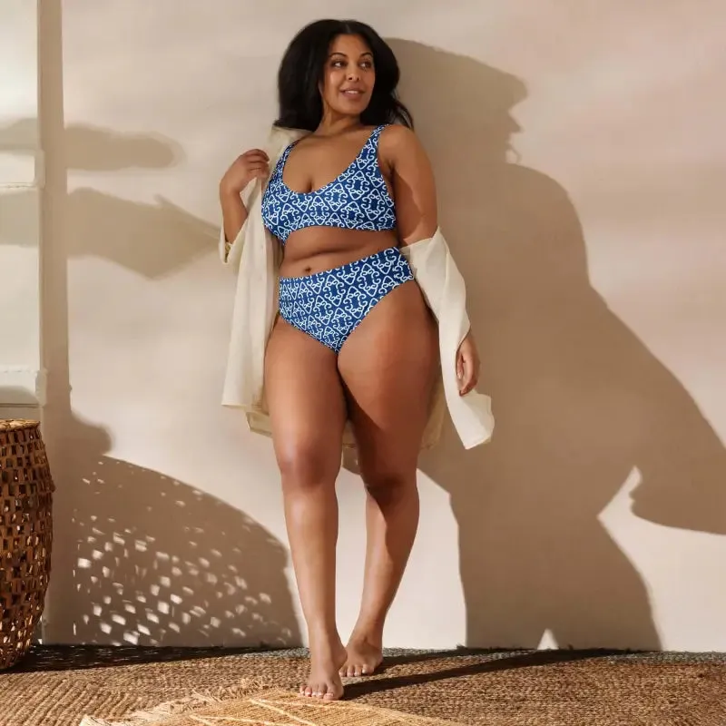 Catch Waves in Style with Our Blue Boho High-Waisted Bikini