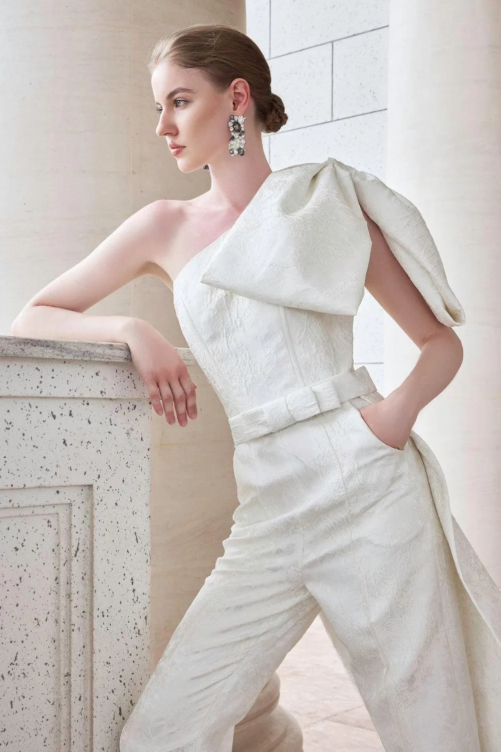 Celeste Straight One Shoulder Jacquard Floor Length Jumpsuit