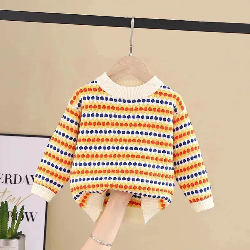 Children Rainbow Stripes Baby Round Neck Pullover Sweater Kids