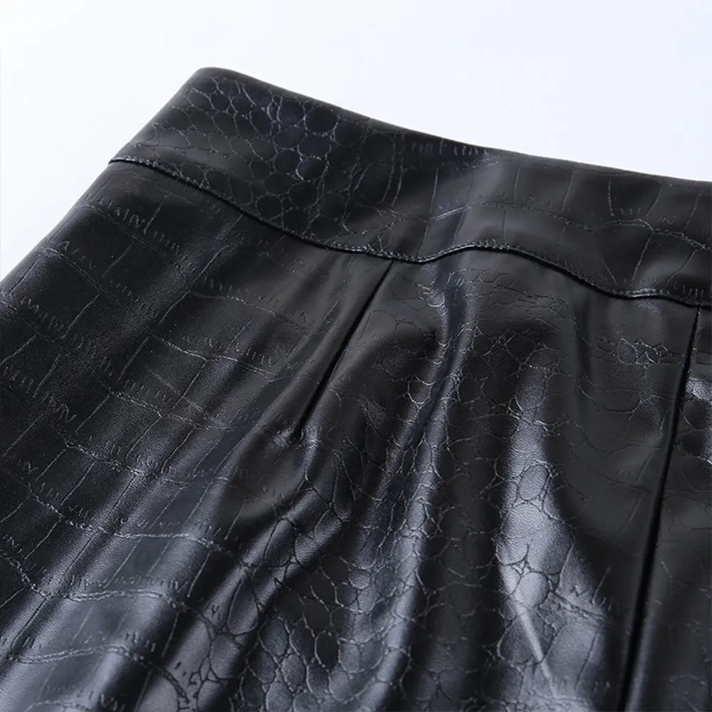 Crocodile Pattern Zipper Faux Leather Pants
