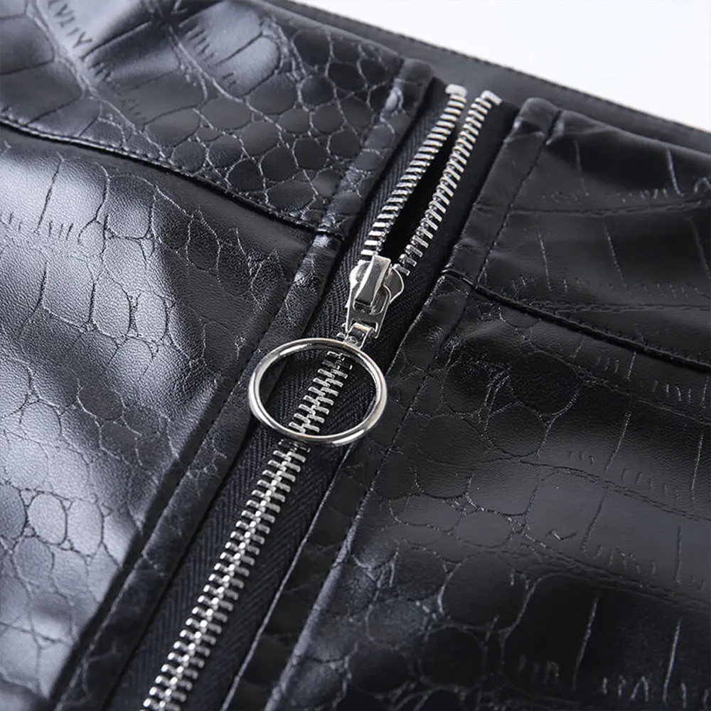 Crocodile Pattern Zipper Faux Leather Pants