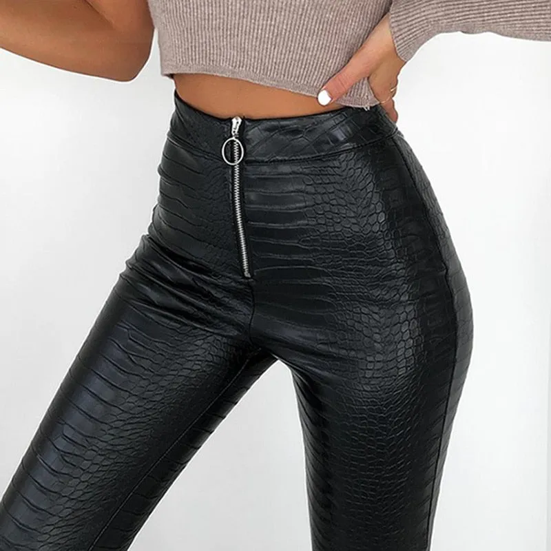 Crocodile Pattern Zipper Faux Leather Pants