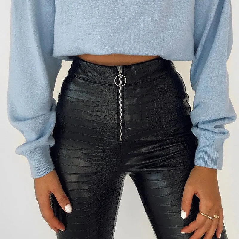 Crocodile Pattern Zipper Faux Leather Pants