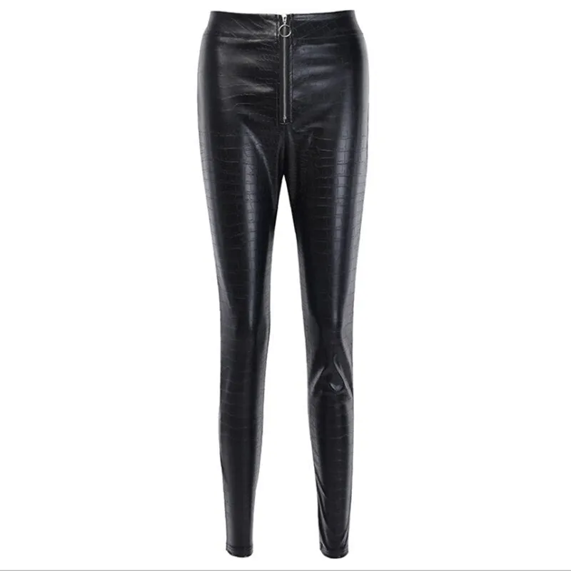 Crocodile Pattern Zipper Faux Leather Pants