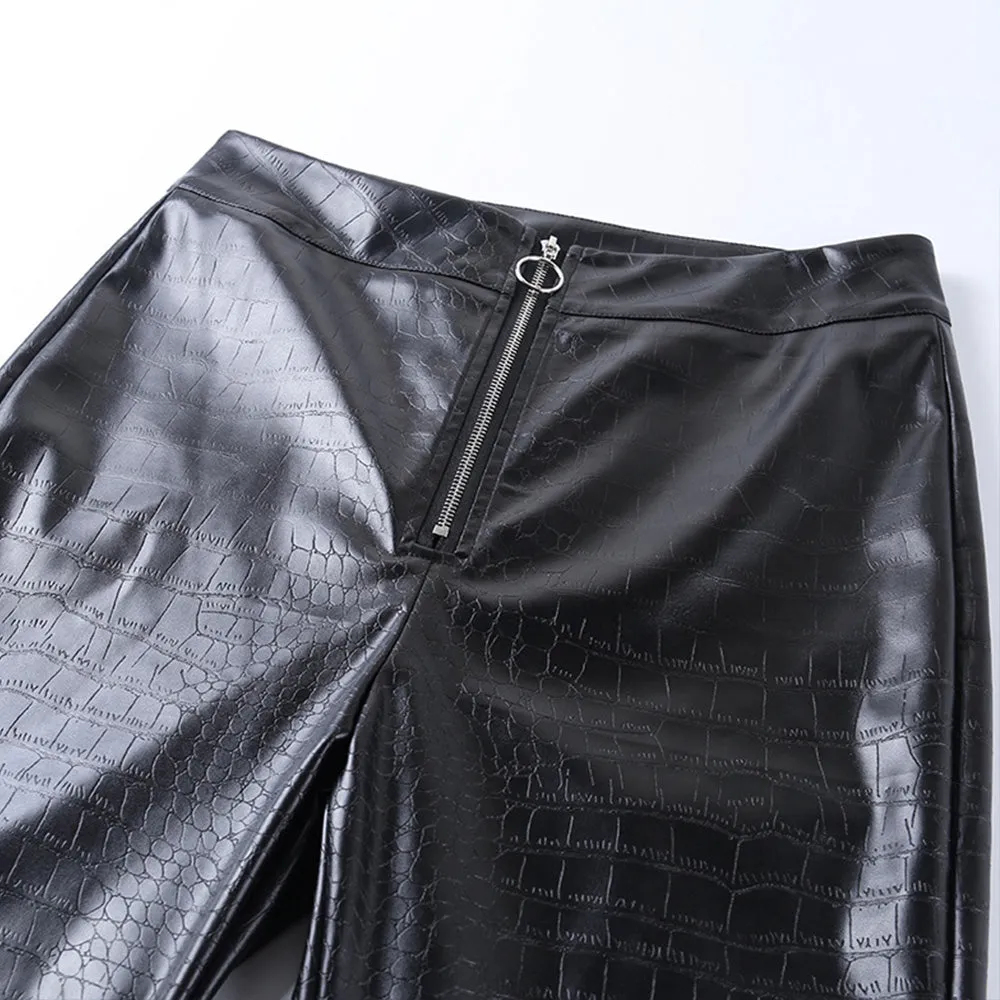 Crocodile Pattern Zipper Faux Leather Pants