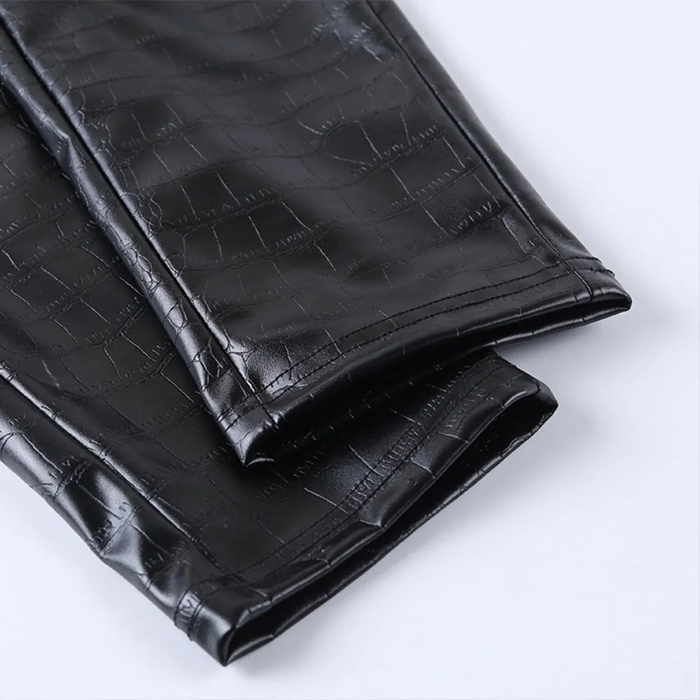 Crocodile Pattern Zipper Faux Leather Pants