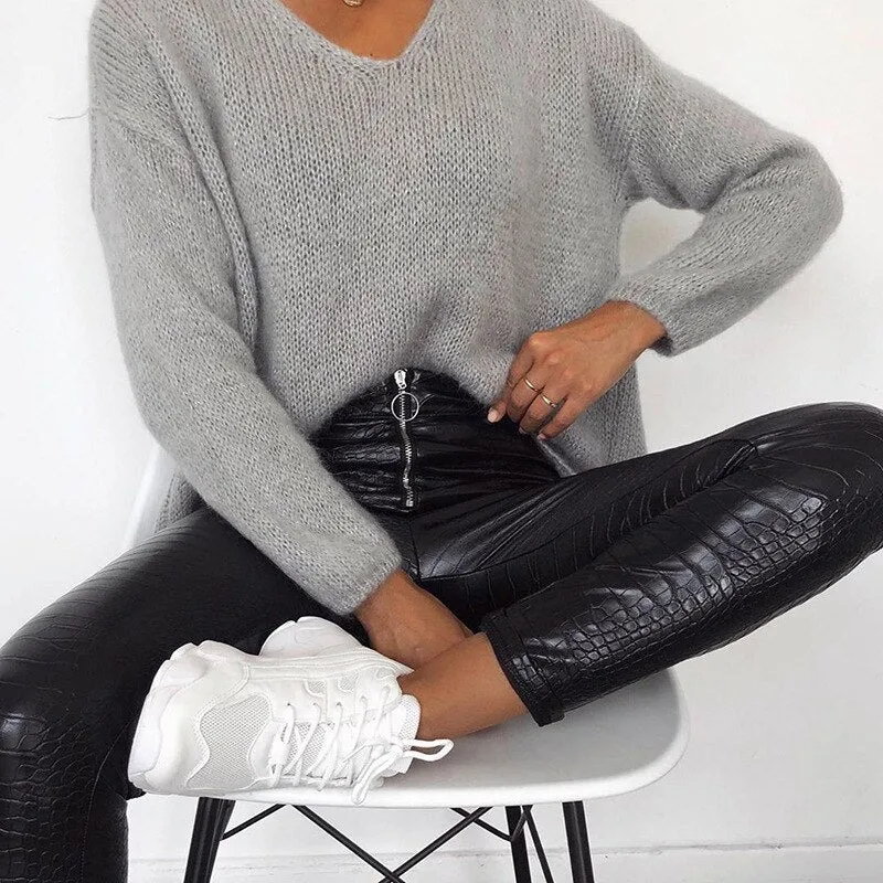 Crocodile Pattern Zipper Faux Leather Pants