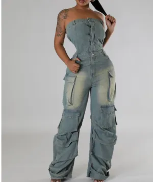 Denim Cargo Jumpsuit
