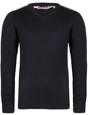 Dissident Julian navy leather shoulder v neck jumper
