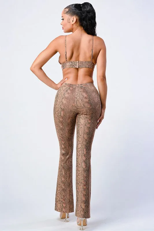 FAUX LEATHER ANIMAL PRINT BRA TOP AND PANTS SET