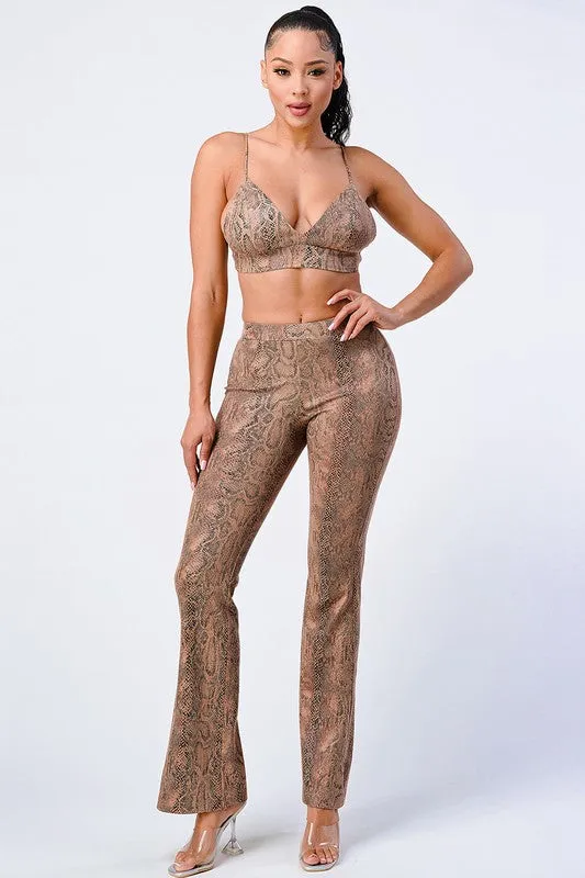 FAUX LEATHER ANIMAL PRINT BRA TOP AND PANTS SET