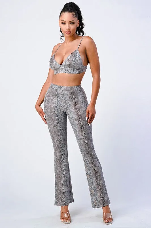 FAUX LEATHER ANIMAL PRINT BRA TOP AND PANTS SET