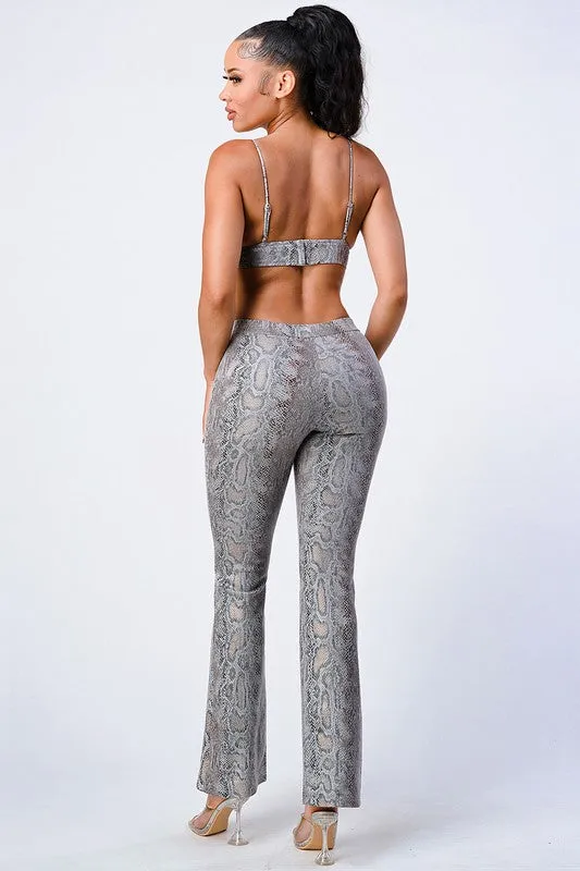FAUX LEATHER ANIMAL PRINT BRA TOP AND PANTS SET