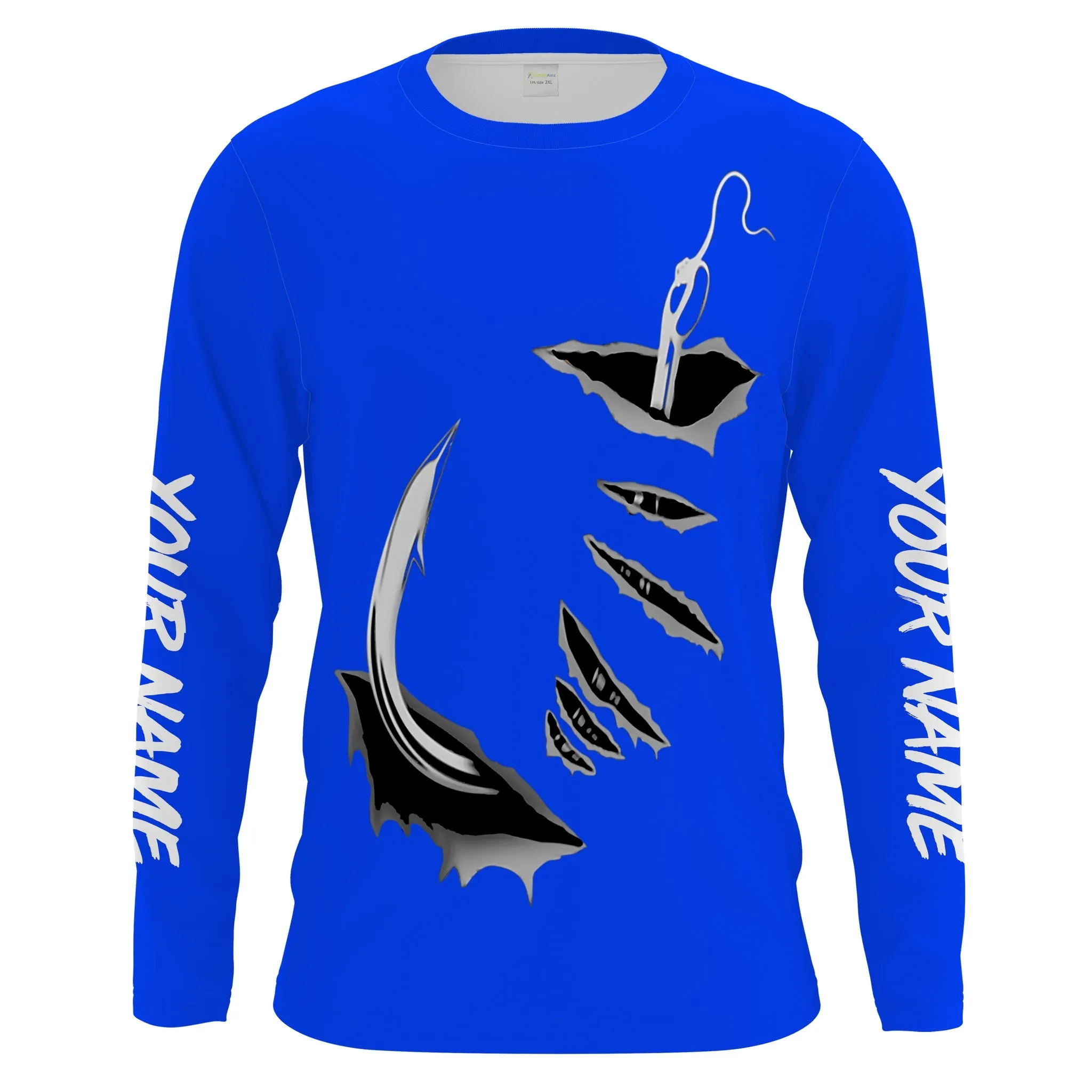 Fish Hook Custom Blue 3D Long Sleeve Performance Fishing Shirts Fishing Jerseys