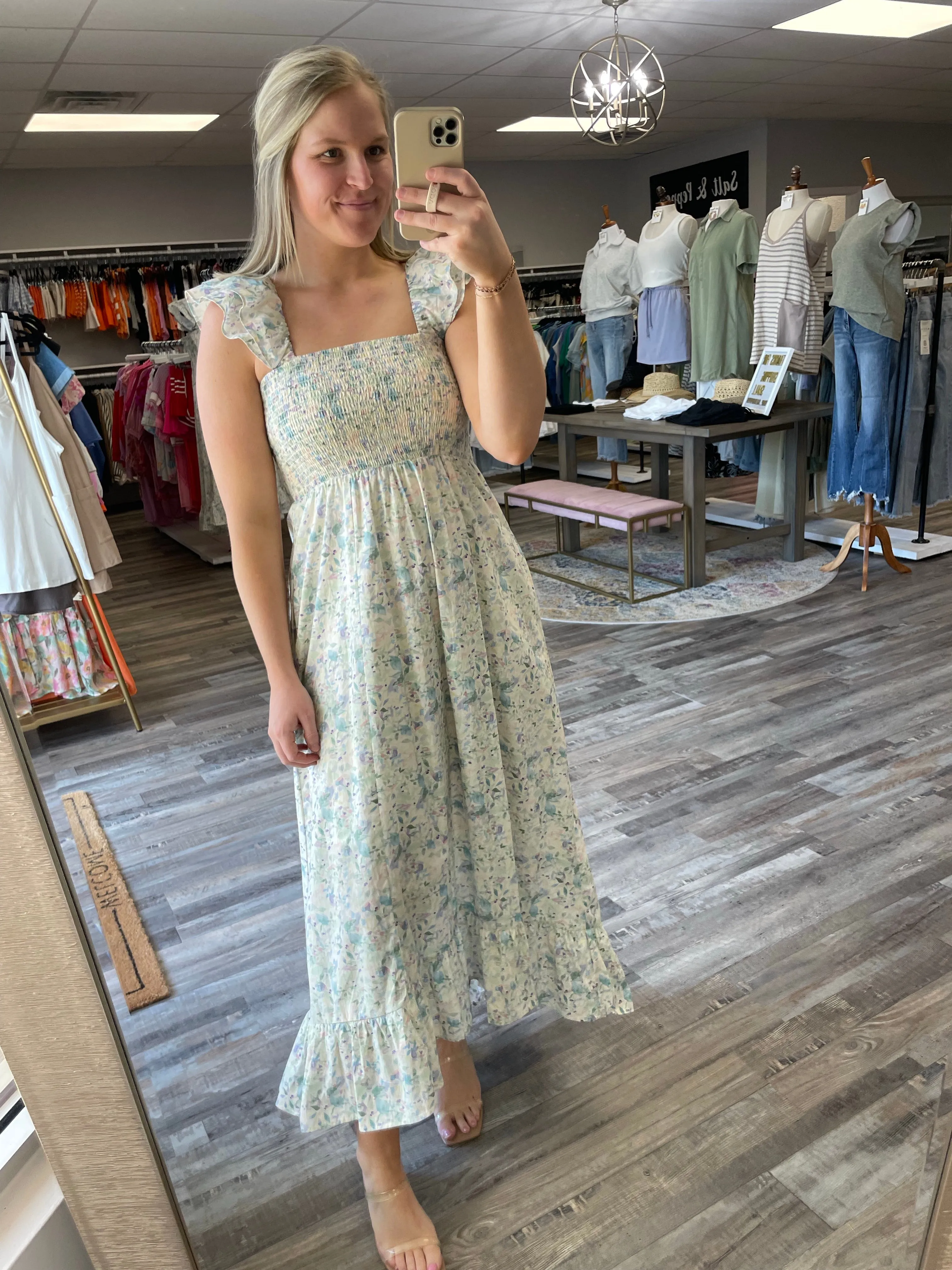 Floral Smocked Midi Dress - Sea Green