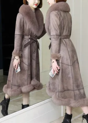 French Khaki Fur Collar Tie Waist Leather And Fur Coat Winter LY9454