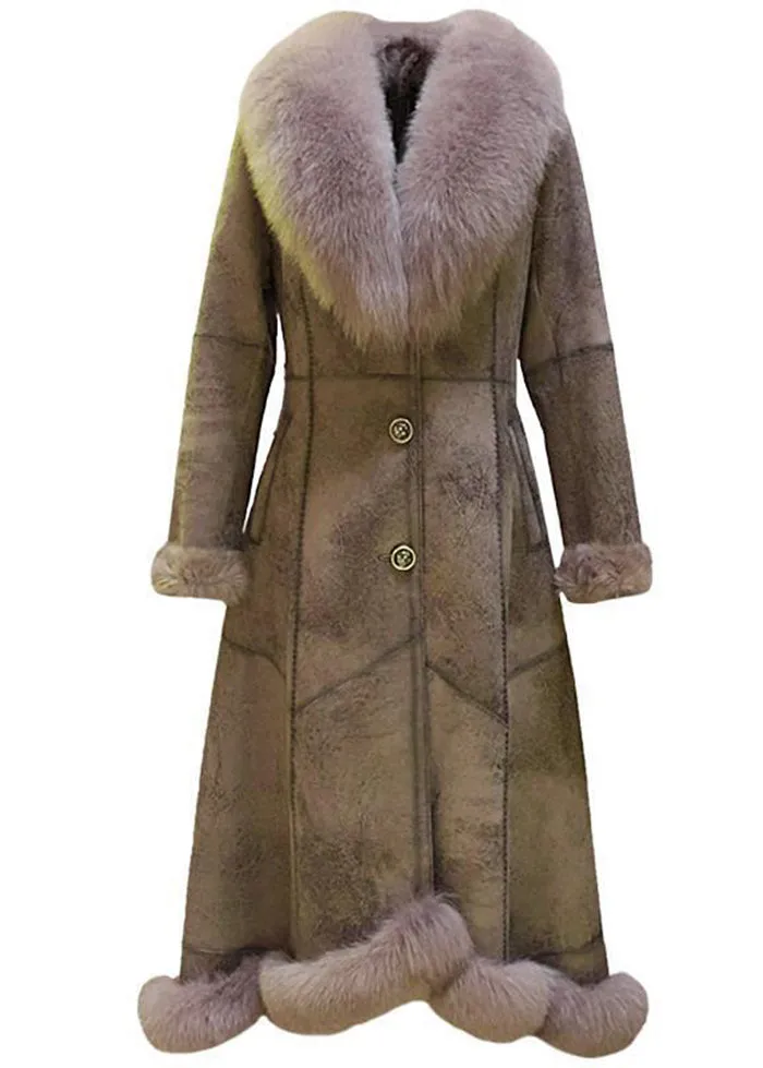 French Khaki Fur Collar Tie Waist Leather And Fur Coat Winter LY9454