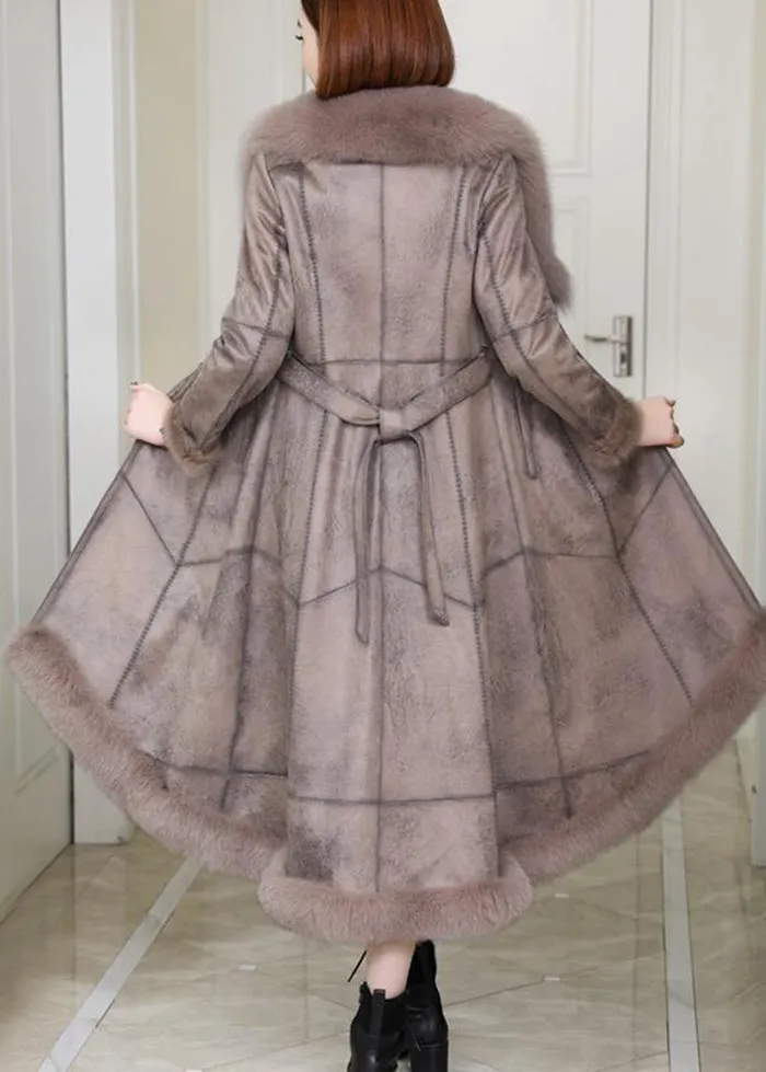 French Khaki Fur Collar Tie Waist Leather And Fur Coat Winter LY9454