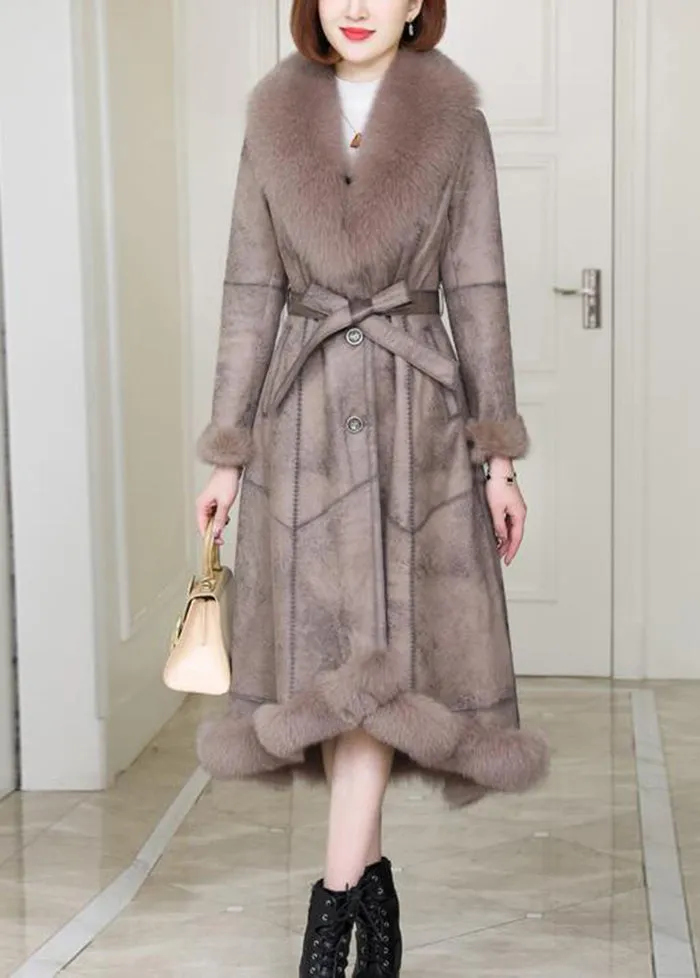 French Khaki Fur Collar Tie Waist Leather And Fur Coat Winter LY9454