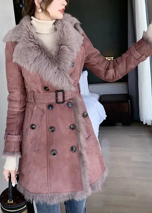 Fur Collar Tie Waist Leather And Fur Coats