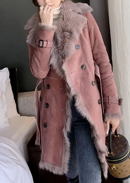 Fur Collar Tie Waist Leather And Fur Coats